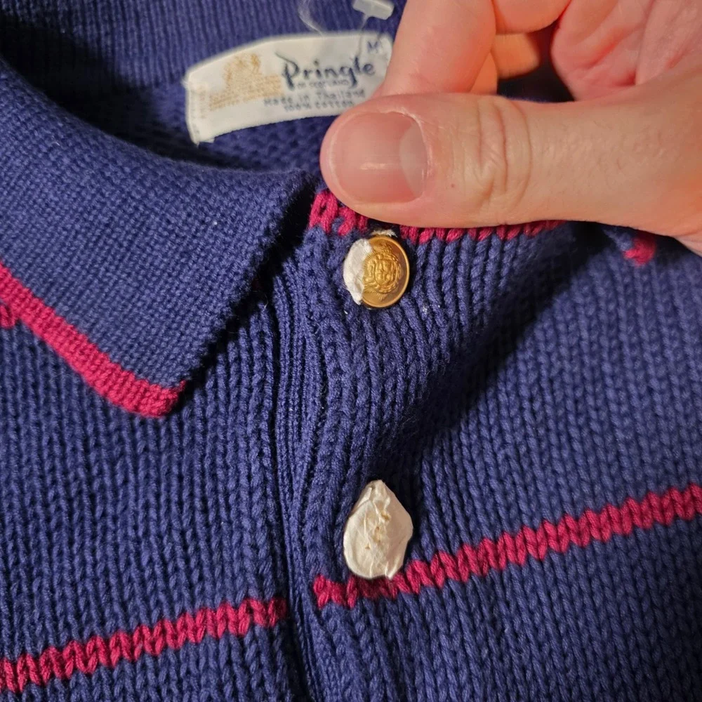 Pringle of Scotland Mens Medium Polo Sweater Purple Red Striped Argyle‎ Pocket